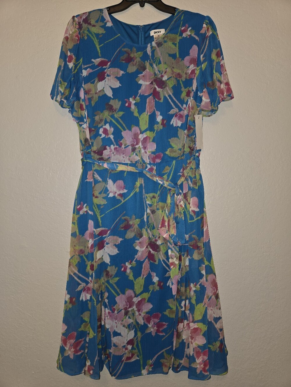 DKNY Blue Floral Tie-Waist Midi Dress Size 20W - Picture 2 of 3